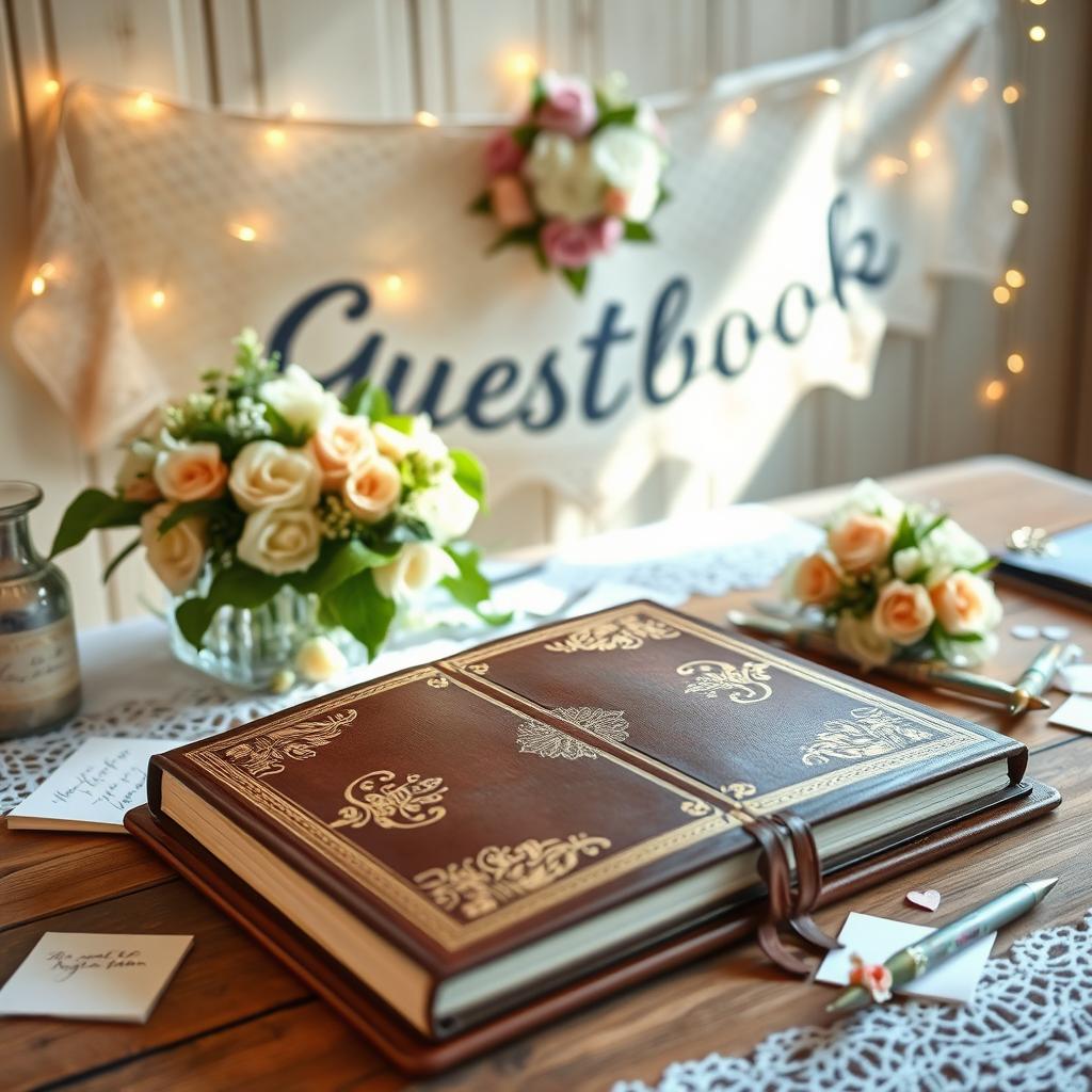 A vintage wedding guest book setup, featuring a beautifully decorated table adorned with elegant lace and floral arrangements