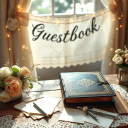 A vintage wedding guest book setup, featuring a beautifully decorated table adorned with elegant lace and floral arrangements
