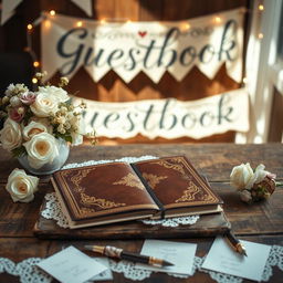A vintage wedding guest book setup, featuring a beautifully decorated table adorned with elegant lace and floral arrangements