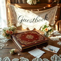 A vintage wedding guest book setup, featuring a beautifully decorated table adorned with elegant lace and floral arrangements