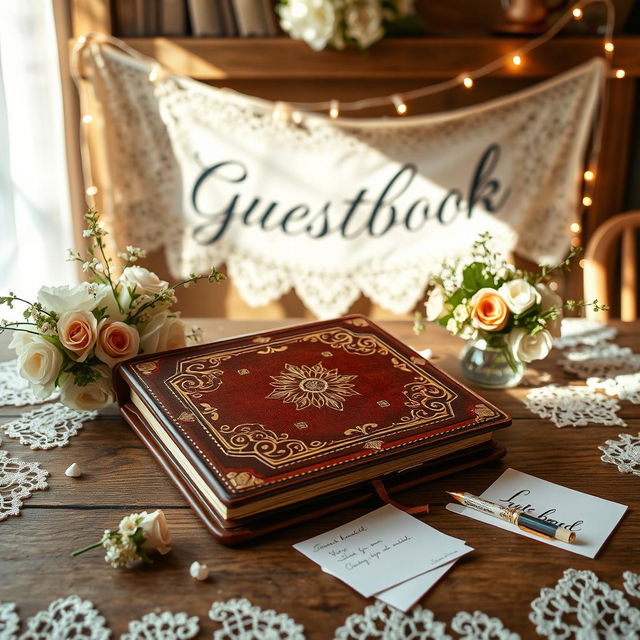 A vintage wedding guest book setup, featuring a beautifully decorated table adorned with elegant lace and floral arrangements