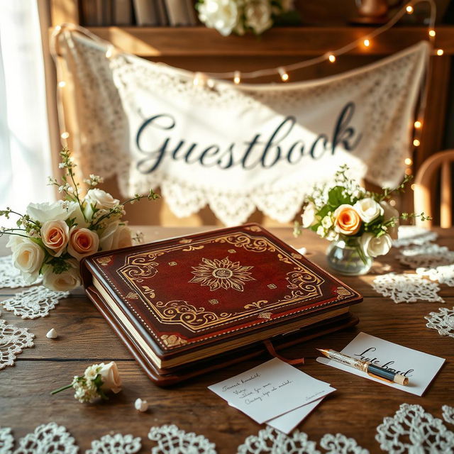 A vintage wedding guest book setup, featuring a beautifully decorated table adorned with elegant lace and floral arrangements