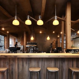 Modern coffee shop counter with a rustic design. Wooden counters, industrial bar stools, and trendy lighting fixtures