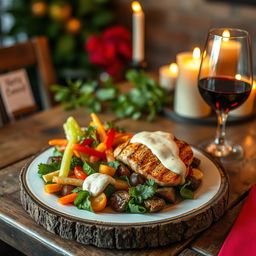 A beautifully arranged gourmet meal on a rustic wooden table, featuring a colorful assortment of fresh vegetables, succulent grilled chicken, a rich creamy sauce drizzled on top, and a glass of red wine elegantly placed beside the plate