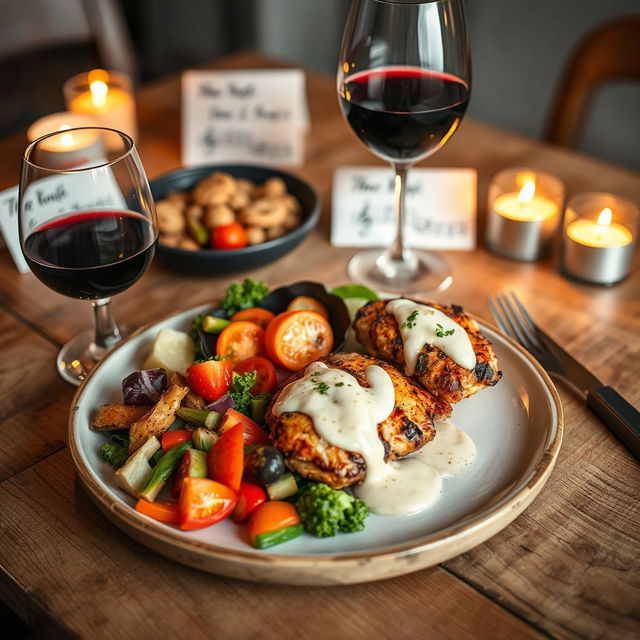 A beautifully arranged gourmet meal on a rustic wooden table, featuring a colorful assortment of fresh vegetables, succulent grilled chicken, a rich creamy sauce drizzled on top, and a glass of red wine elegantly placed beside the plate