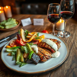 A beautifully arranged gourmet meal on a rustic wooden table, featuring a colorful assortment of fresh vegetables, succulent grilled chicken, a rich creamy sauce drizzled on top, and a glass of red wine elegantly placed beside the plate