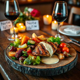 A beautifully arranged gourmet meal on a rustic wooden table, featuring a colorful assortment of fresh vegetables, succulent grilled chicken, a rich creamy sauce drizzled on top, and a glass of red wine elegantly placed beside the plate