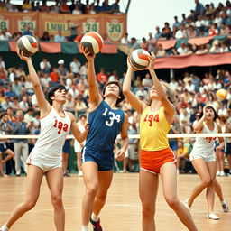 Historic scenes from early volleyball matches at the Olympic Games, showcasing players in action with vintage volleyballs