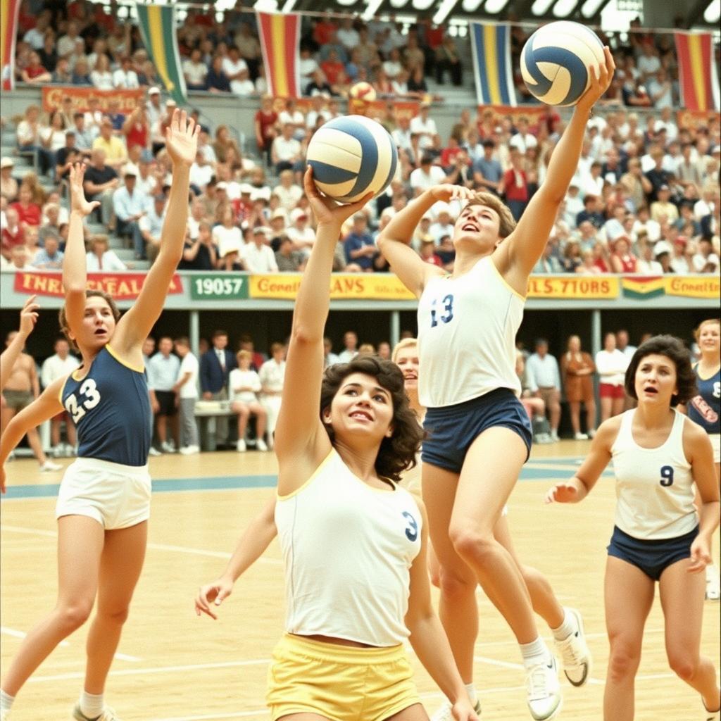 Historic scenes from early volleyball matches at the Olympic Games, showcasing players in action with vintage volleyballs