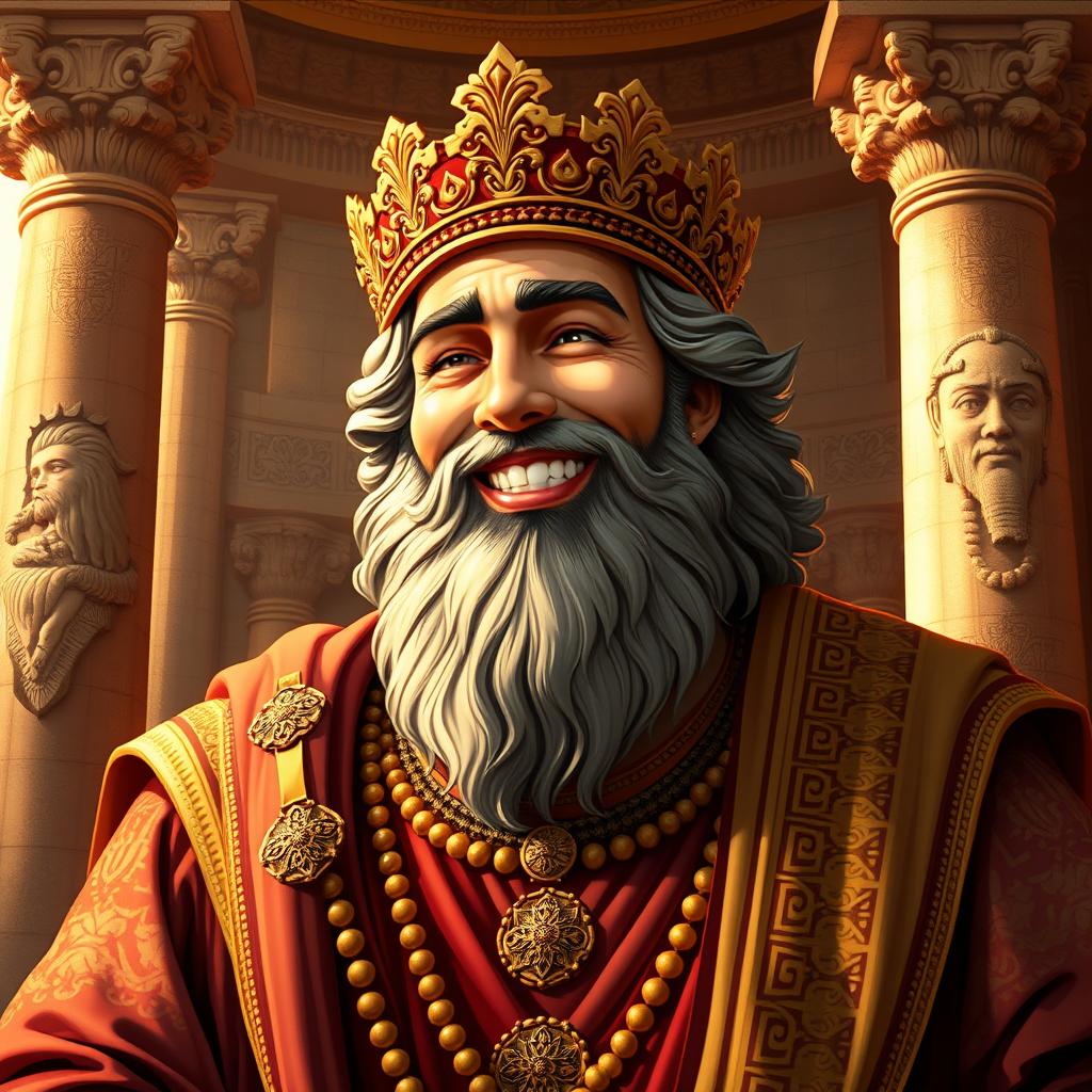 A charismatic depiction of Cyrus the Great, the king of the world, smiling joyously