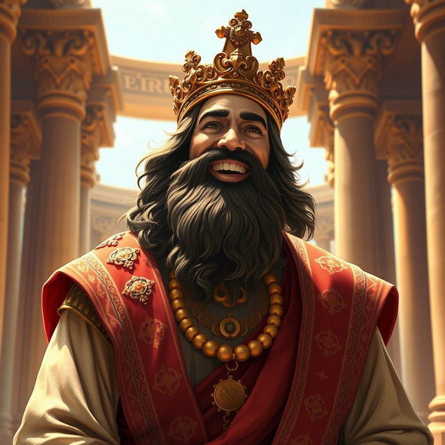 A charismatic depiction of Cyrus the Great, the king of the world, smiling joyously