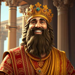 A charismatic depiction of Cyrus the Great, the king of the world, smiling joyously