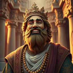 A charismatic depiction of Cyrus the Great, the king of the world, smiling joyously