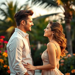 A romantic and intimate moment shared between a handsome man and a beautiful woman, set in a picturesque location, such as a sunset beach or a lush garden