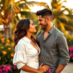 A romantic and intimate moment shared between a handsome man and a beautiful woman, set in a picturesque location, such as a sunset beach or a lush garden