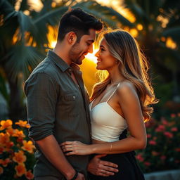 A romantic and intimate moment shared between a handsome man and a beautiful woman, set in a picturesque location, such as a sunset beach or a lush garden