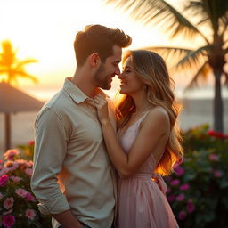 A romantic and intimate moment shared between a handsome man and a beautiful woman, set in a picturesque location, such as a sunset beach or a lush garden