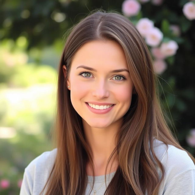 A 29-year-old woman with long brown hair, presenting a natural and approachable look