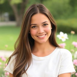 A 29-year-old woman with long brown hair, presenting a natural and approachable look