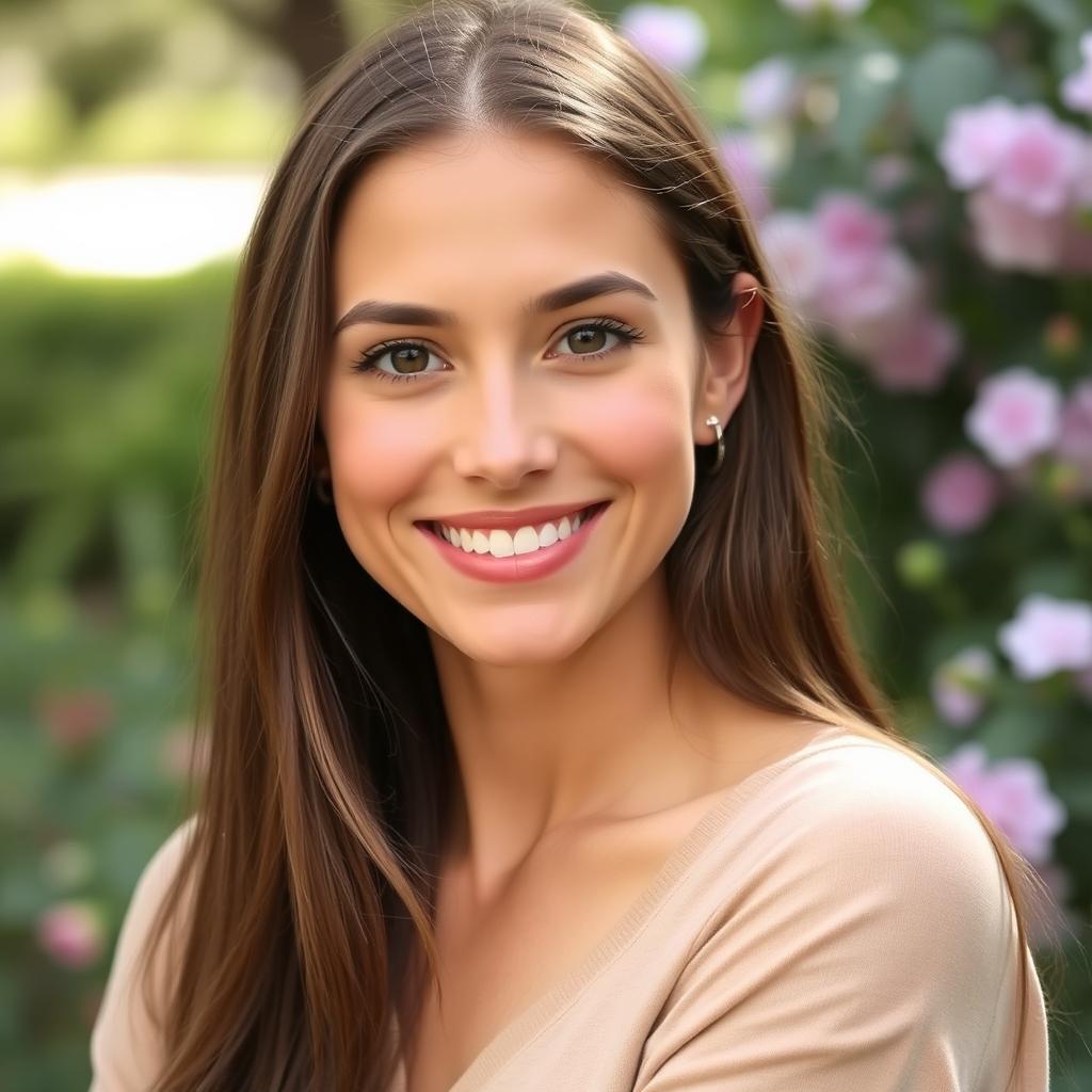 A 29-year-old woman with long brown hair, presenting a natural and approachable look