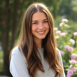 A 29-year-old woman with long brown hair, presenting a natural and approachable look