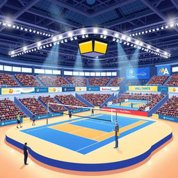 Illustrations of modern volleyball platforms showcasing professional volleyball courts, featuring sleek designs with advanced technology