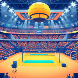 Illustrations of modern volleyball platforms showcasing professional volleyball courts, featuring sleek designs with advanced technology