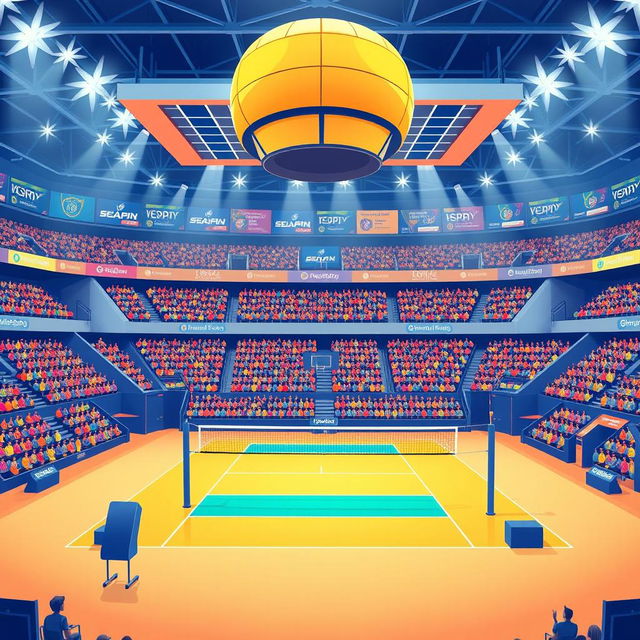 Illustrations of modern volleyball platforms showcasing professional volleyball courts, featuring sleek designs with advanced technology