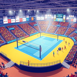 Illustrations of modern volleyball platforms showcasing professional volleyball courts, featuring sleek designs with advanced technology