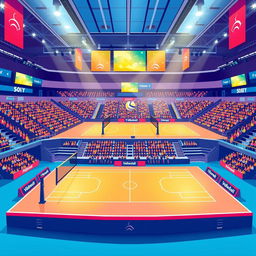 Illustrations of modern volleyball platforms showcasing professional volleyball courts, featuring sleek designs with advanced technology