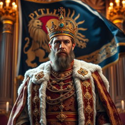 A majestic king standing proudly, adorned in luxurious royal attire, with intricate patterns and rich colors