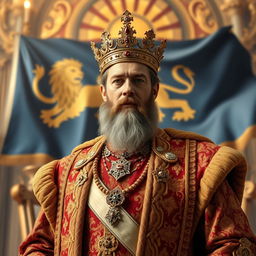A majestic king standing proudly, adorned in luxurious royal attire, with intricate patterns and rich colors