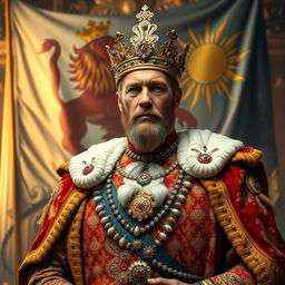 A majestic king standing proudly, adorned in luxurious royal attire, with intricate patterns and rich colors