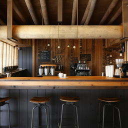 Modern coffee shop counter with a rustic design. Wooden counters, industrial bar stools, and trendy lighting fixtures