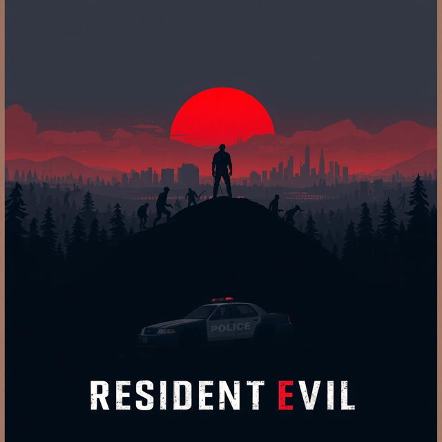 An artistic poster inspired by Resident Evil, showcasing a post-apocalyptic landscape with a dramatic red sunset