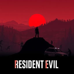 An artistic poster inspired by Resident Evil, showcasing a post-apocalyptic landscape with a dramatic red sunset