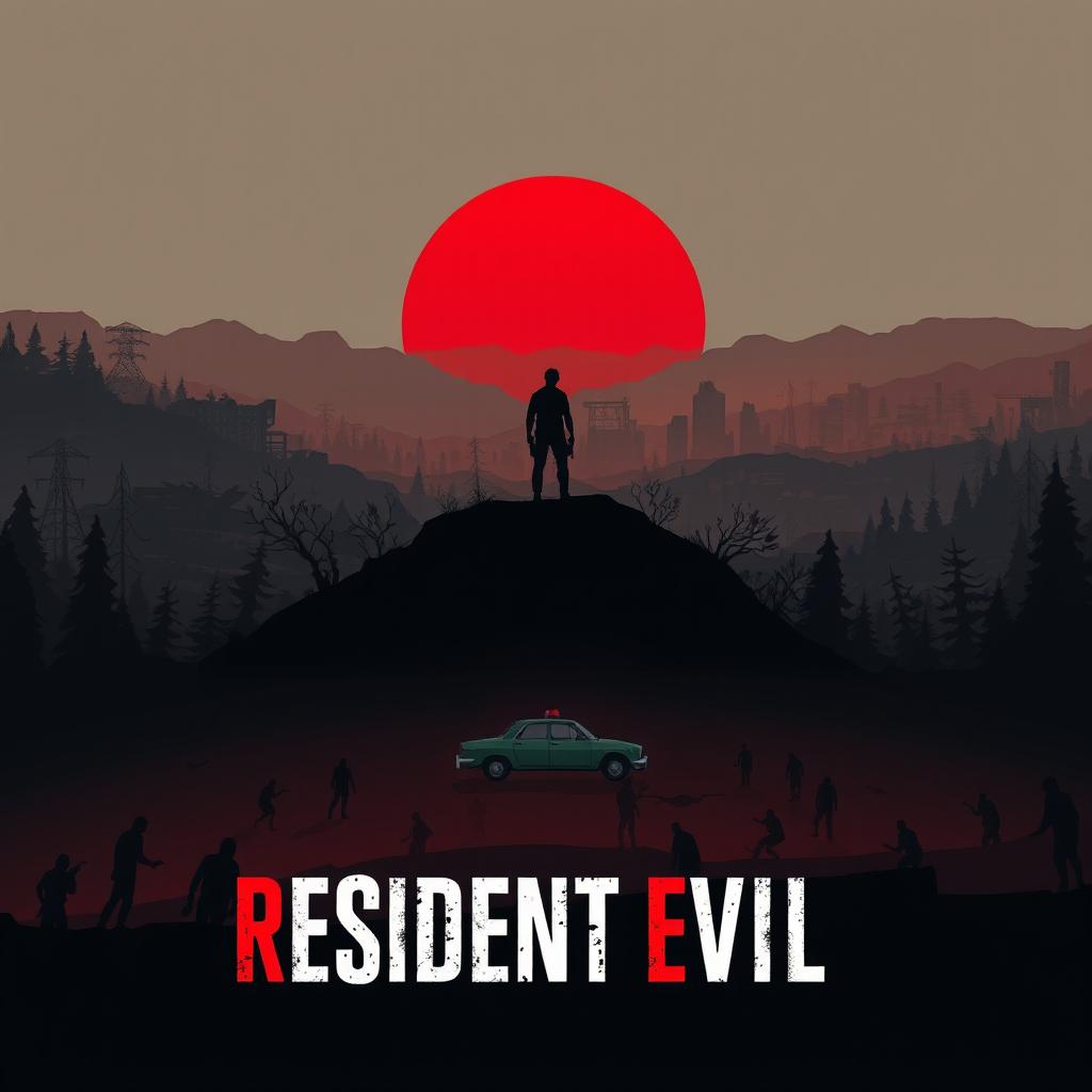 An artistic poster inspired by Resident Evil, showcasing a post-apocalyptic landscape with a dramatic red sunset