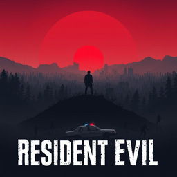 An artistic poster inspired by Resident Evil, showcasing a post-apocalyptic landscape with a dramatic red sunset