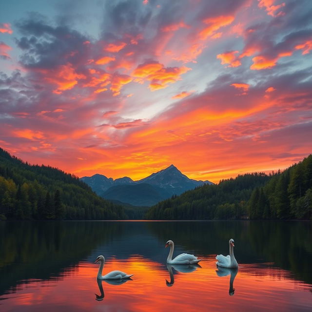 A stunning landscape featuring a vibrant sunset over a serene lake, surrounded by lush green forests and mountains in the background