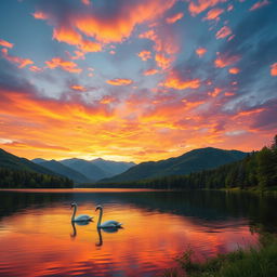 A stunning landscape featuring a vibrant sunset over a serene lake, surrounded by lush green forests and mountains in the background