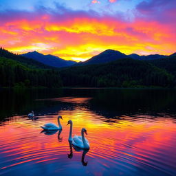 A stunning landscape featuring a vibrant sunset over a serene lake, surrounded by lush green forests and mountains in the background