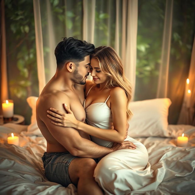 A sensual and intimate scene featuring a couple in a romantic embrace, showcasing their passion and connection