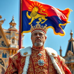 A majestic king standing tall, adorned in elaborate royal attire with intricate golden patterns