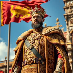 A majestic king standing tall, adorned in elaborate royal attire with intricate golden patterns