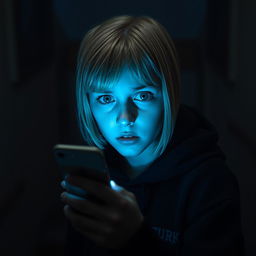 In a foreboding house, a 17-year-old Swedish girl with short blonde hair and captivating green eyes is captured in a moment of fear