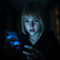 In a foreboding house, a 17-year-old Swedish girl with short blonde hair and captivating green eyes is captured in a moment of fear