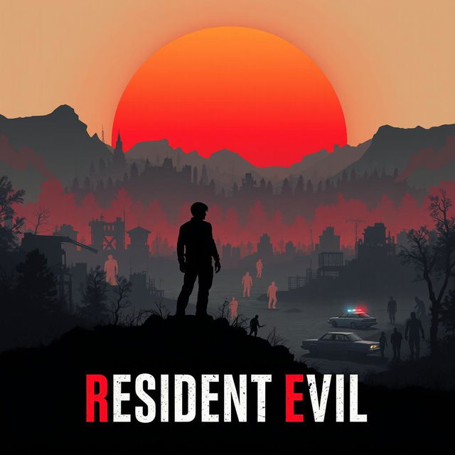 An artistic poster inspired by Resident Evil, featuring a dramatic post-apocalyptic landscape with a vibrant red sunset dominating the background