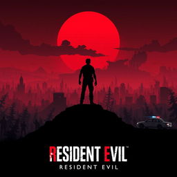 An artistic poster inspired by Resident Evil, featuring a dramatic post-apocalyptic landscape with a vibrant red sunset dominating the background