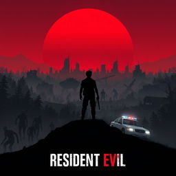 An artistic poster inspired by Resident Evil, featuring a dramatic post-apocalyptic landscape with a vibrant red sunset dominating the background