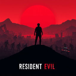 An artistic poster inspired by Resident Evil, featuring a dramatic post-apocalyptic landscape with a vibrant red sunset dominating the background